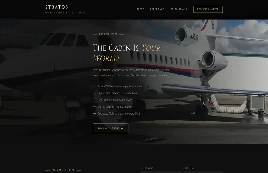 STRATOS Private Aviation luxury jet charter website — Fort Lauderdale Florida — designed by Miami Web HQ